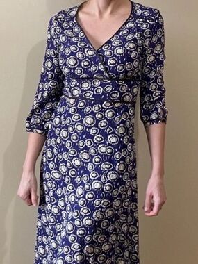 Boden Printed Jersey Faux Midi Wrap Dress Navy 3/4 Length Sleeves Floral 14L